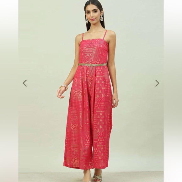 Pink and Gold Jumpsuit with Gold Waist Belt and Shrug - Picture 2 of 3